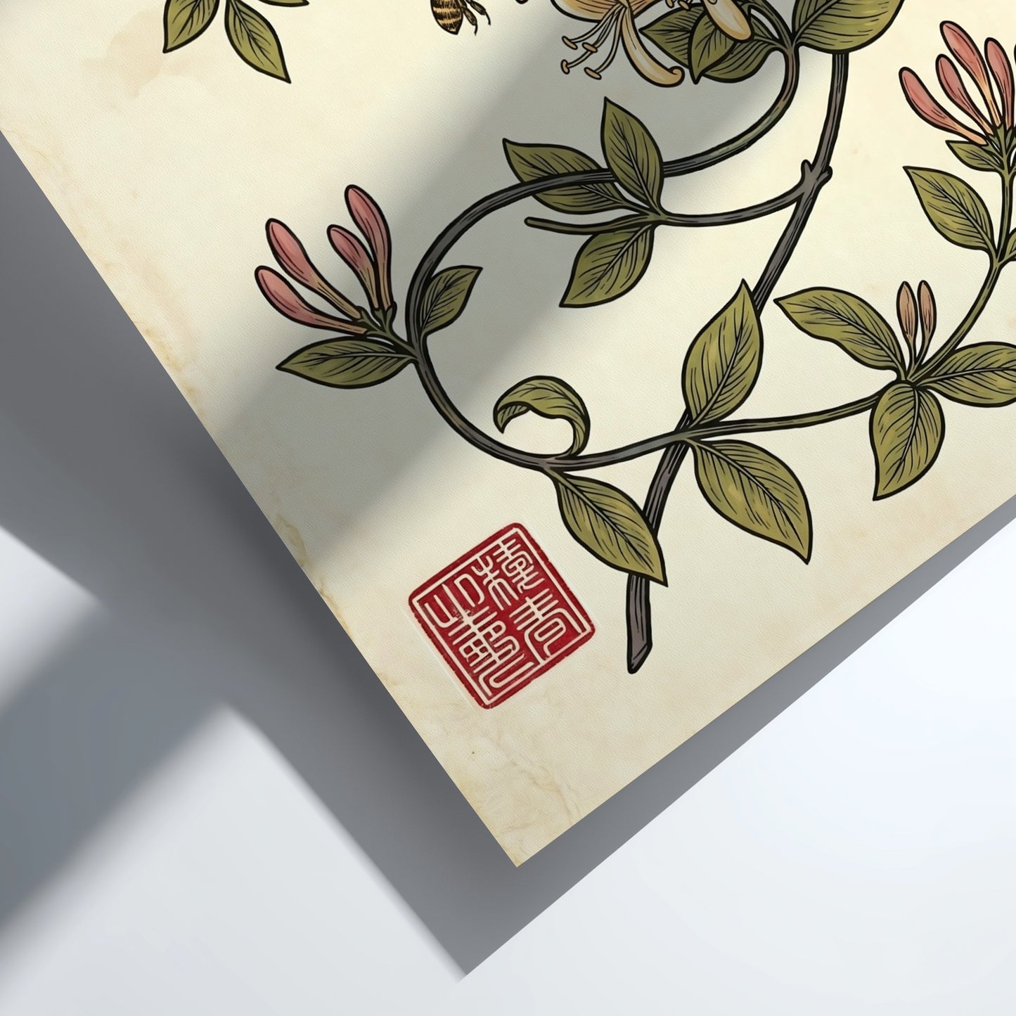 Japanese art style poster featuring honeysuckle vines and a bee in warm colors