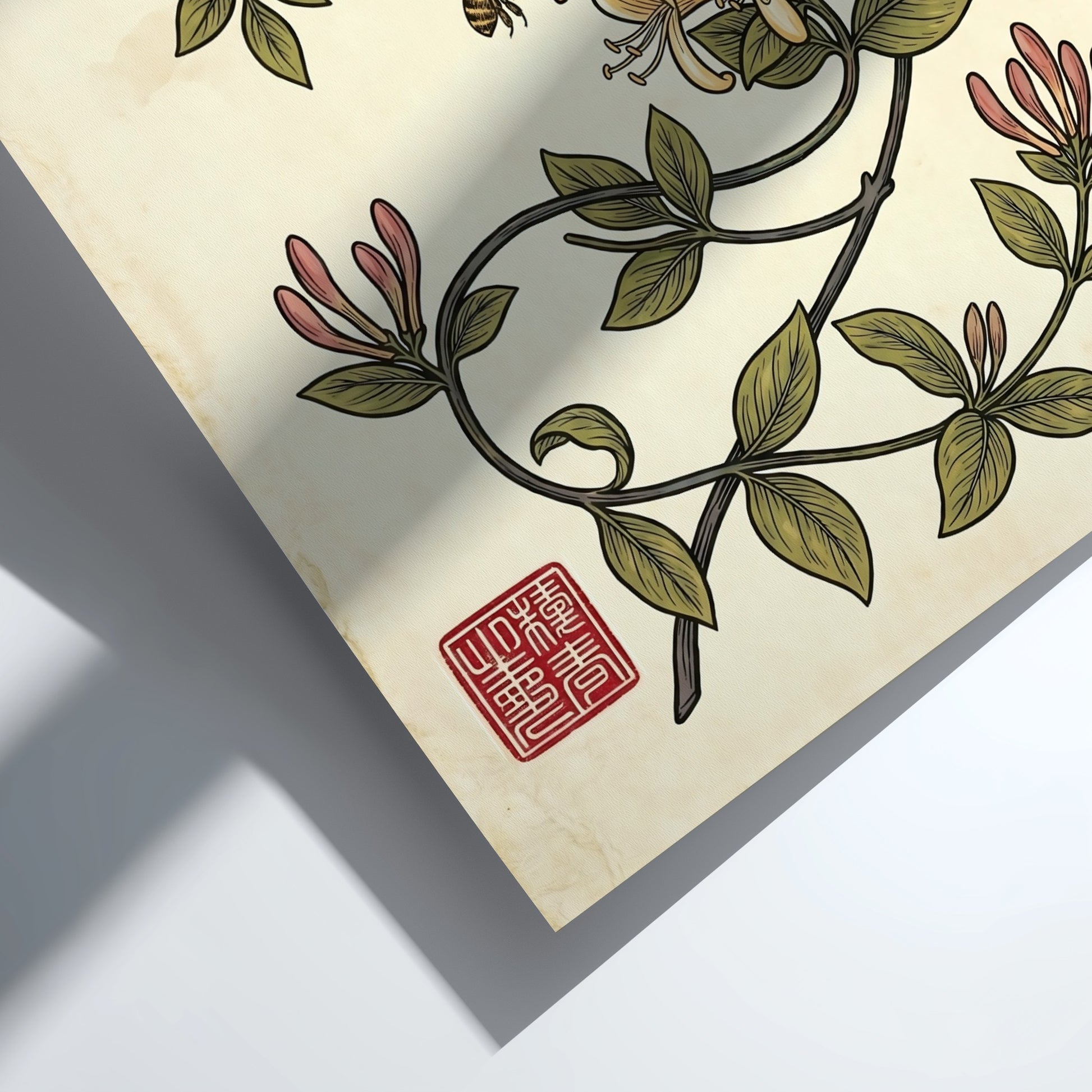Japanese art style poster featuring honeysuckle vines and a bee in warm colors