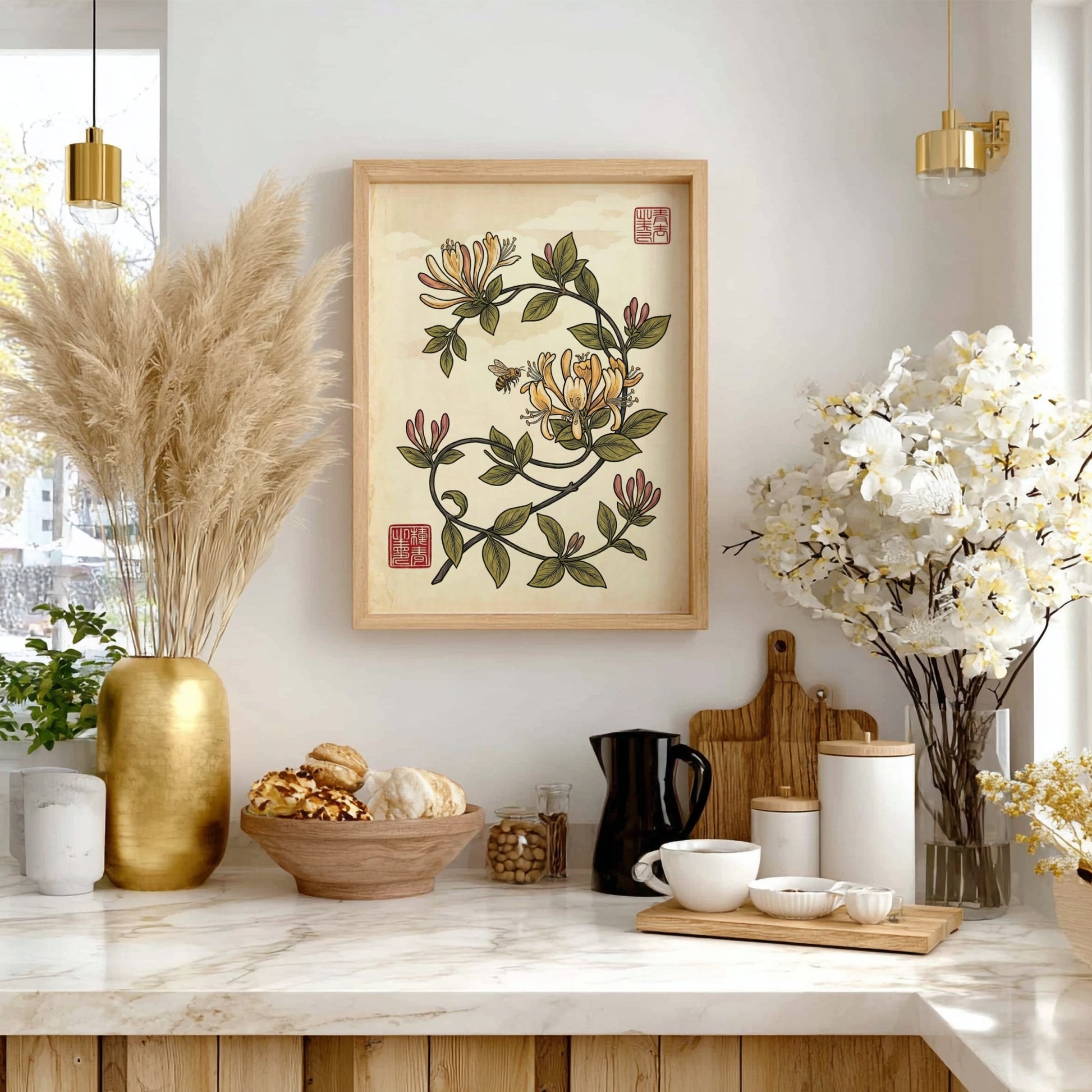 Japanese art style poster featuring honeysuckle vines and a bee in warm colors