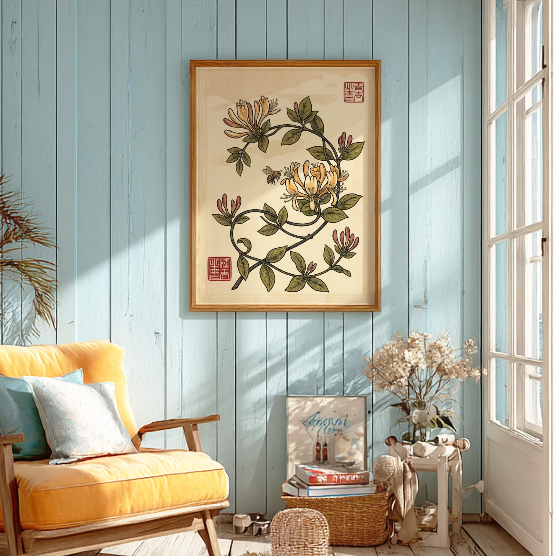 Japanese art style poster featuring honeysuckle vines and a bee in warm colors