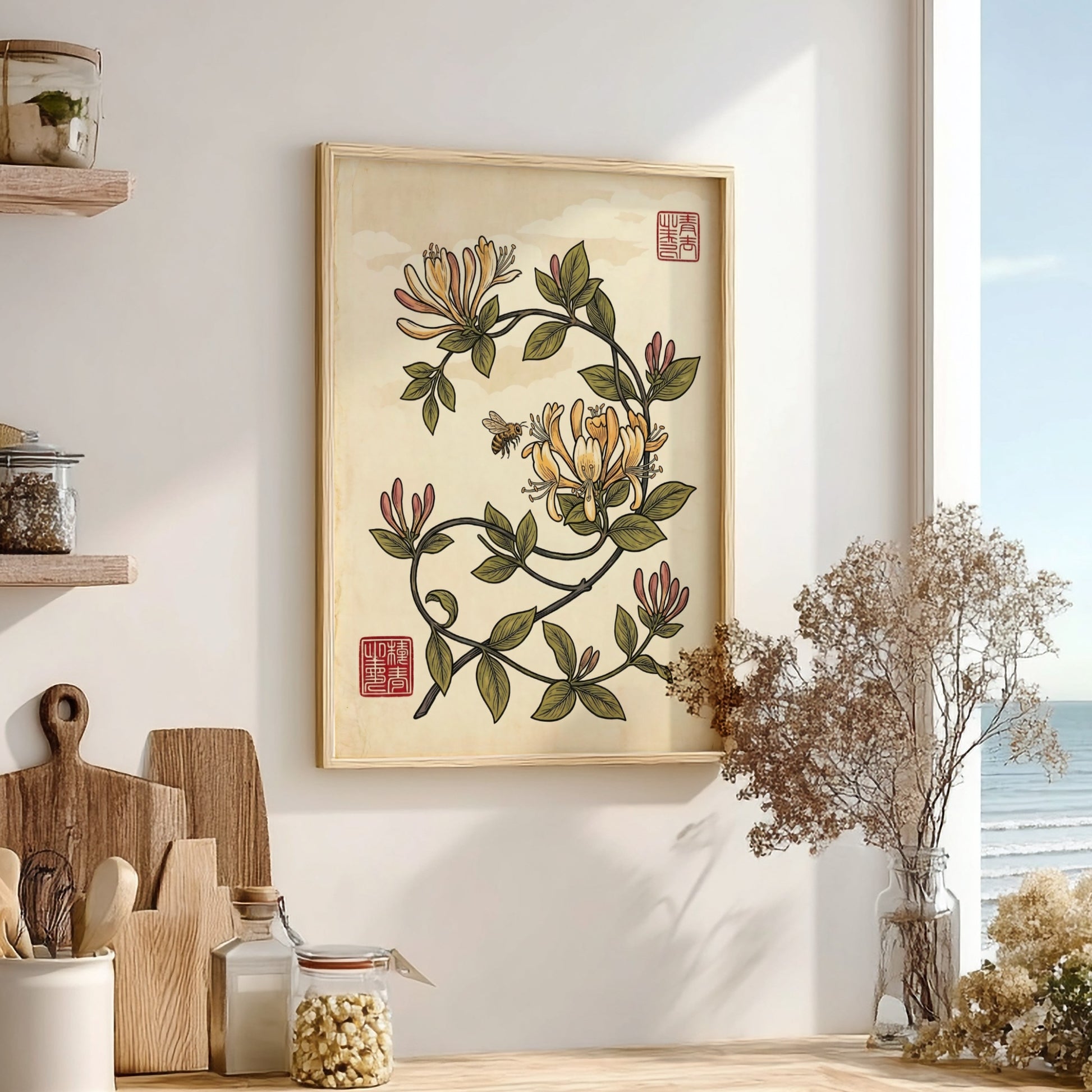 Japanese art style poster featuring honeysuckle vines and a bee in warm colors