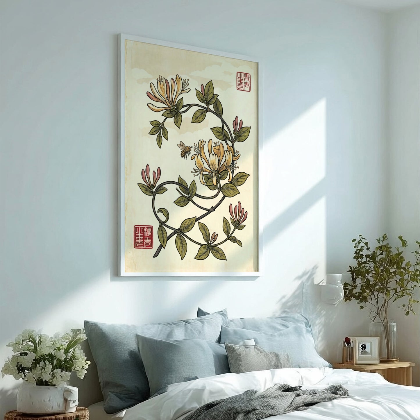 Japanese art style poster featuring honeysuckle vines and a bee in warm colors