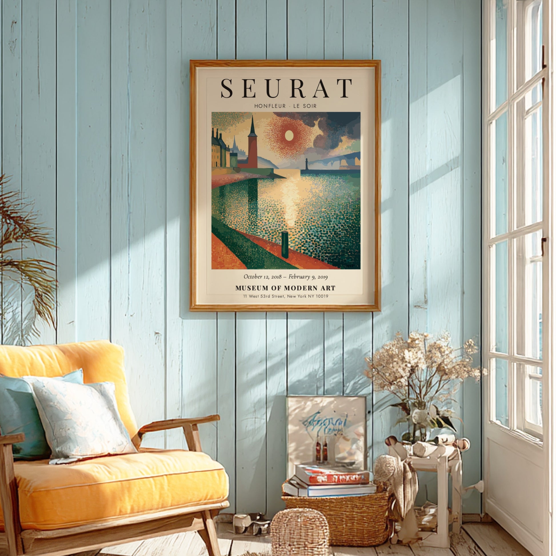 Seurat Exhibition Poster featuring Honfleur - Le Soir with warm colors and impressionistic style