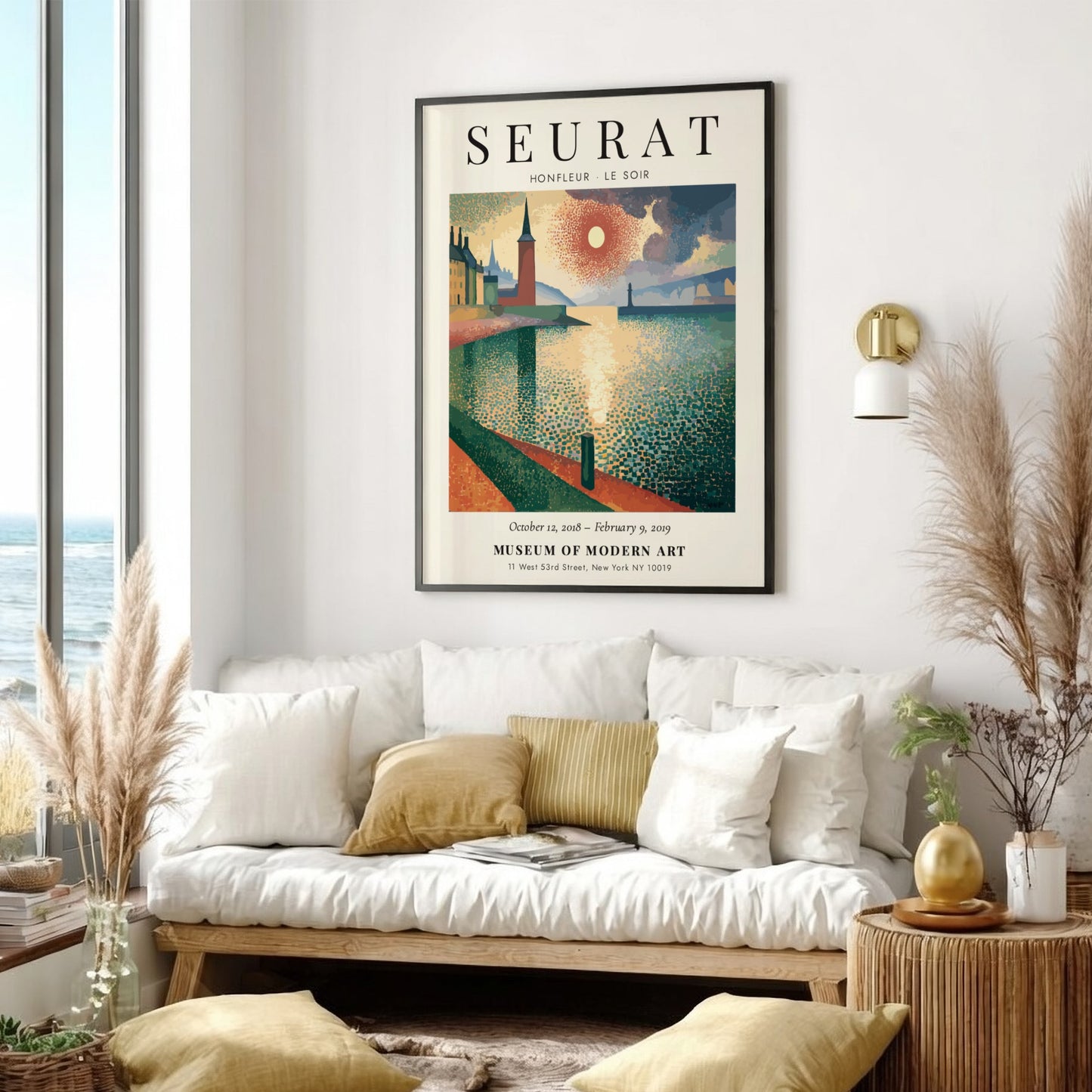 Seurat Exhibition Poster featuring Honfleur - Le Soir with warm colors and impressionistic style