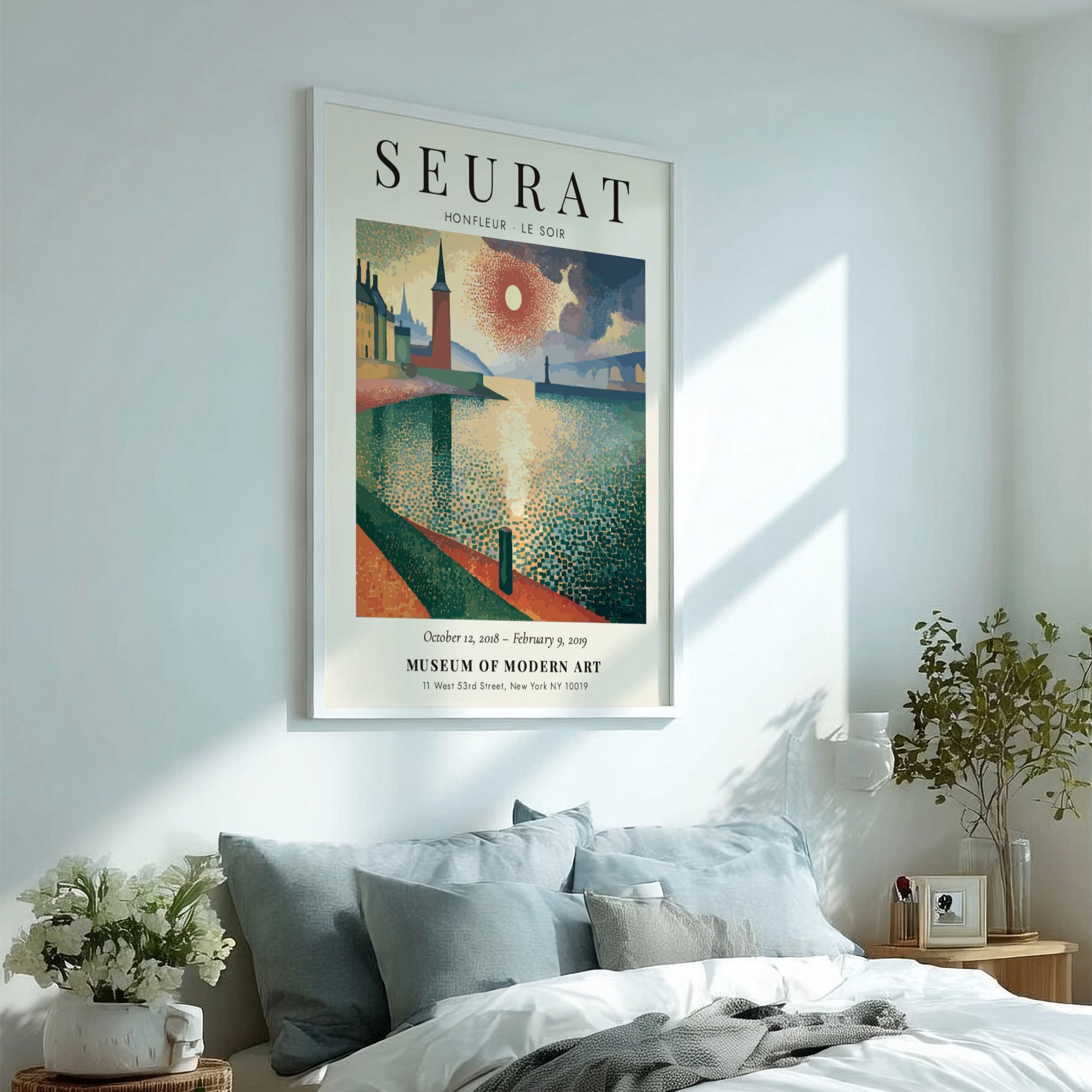 Seurat Exhibition Poster featuring Honfleur - Le Soir with warm colors and impressionistic style