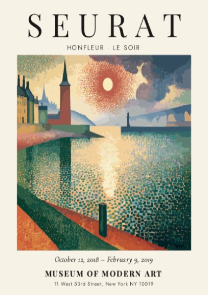 Seurat Exhibition Poster featuring Honfleur - Le Soir with warm colors and impressionistic style