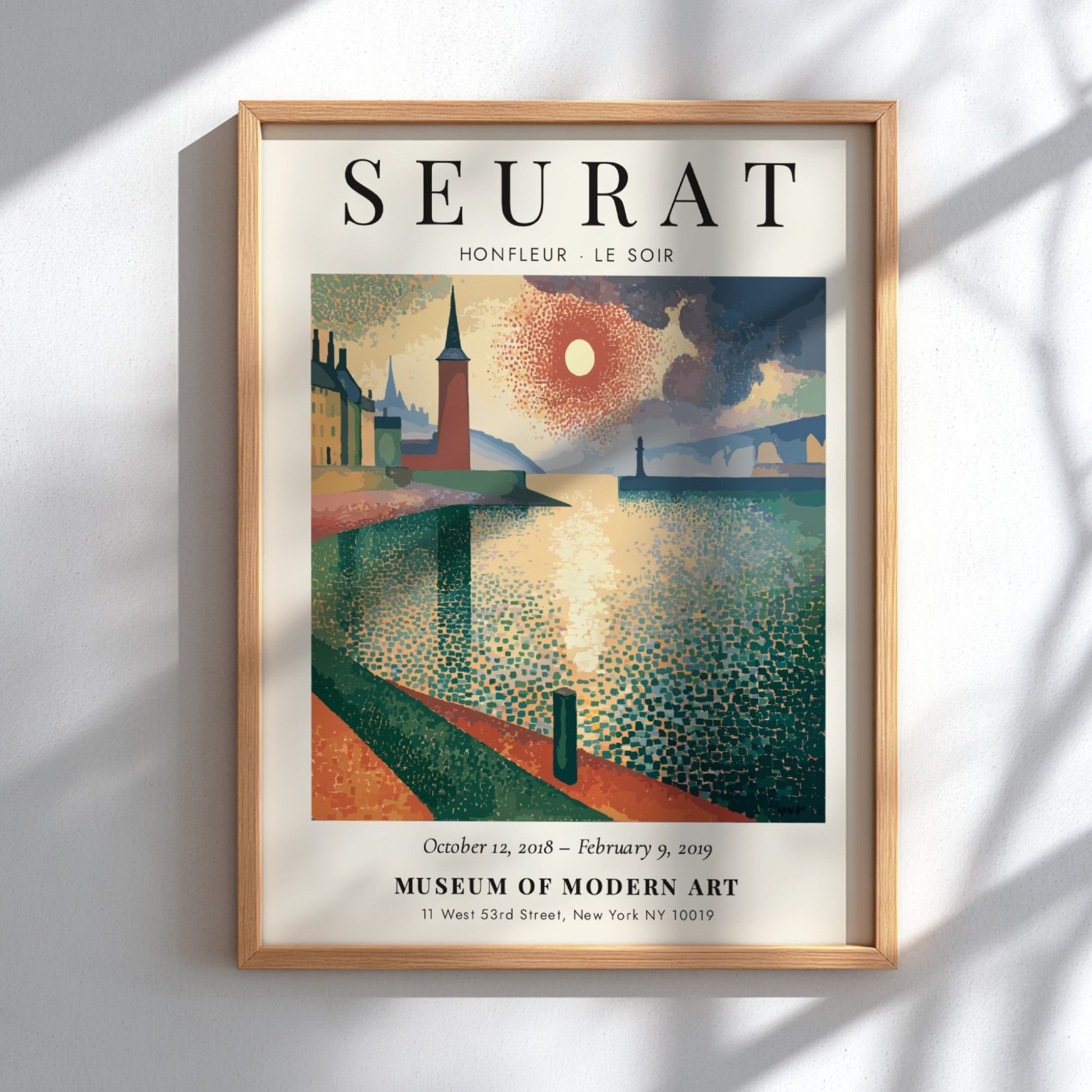 Seurat Exhibition Poster featuring Honfleur - Le Soir with warm colors and impressionistic style