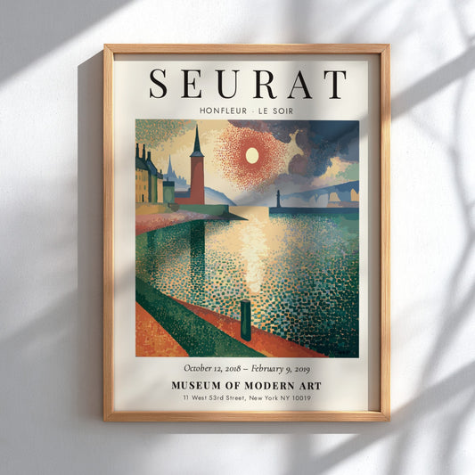 Seurat Exhibition Poster featuring Honfleur - Le Soir with warm colors and impressionistic style