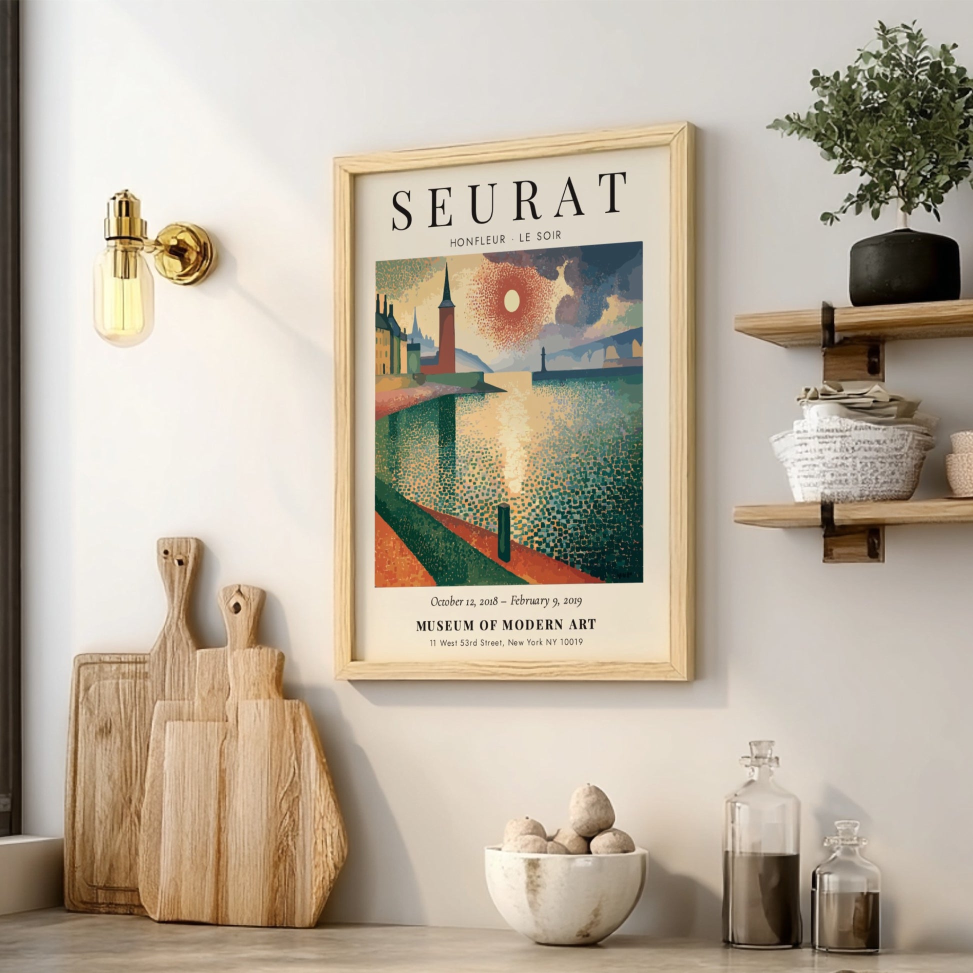 Seurat Exhibition Poster featuring Honfleur - Le Soir with warm colors and impressionistic style