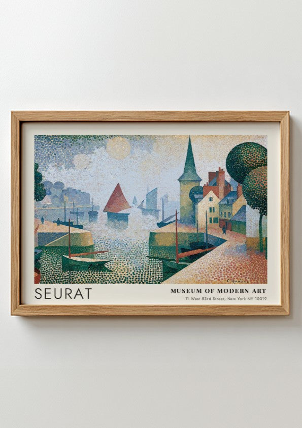 Wall art poster featuring Seurat Honfleur harbor scene with boats in pointillist style.