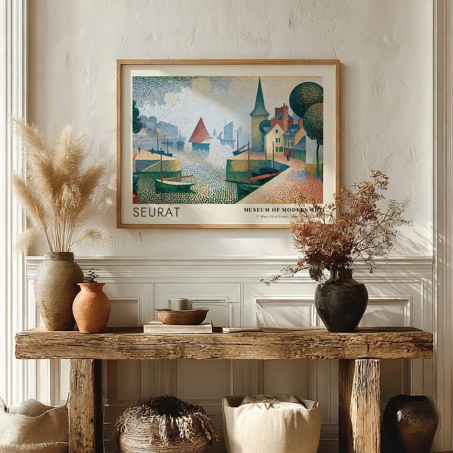 Wall art poster featuring Seurat Honfleur harbor scene with boats in pointillist style.