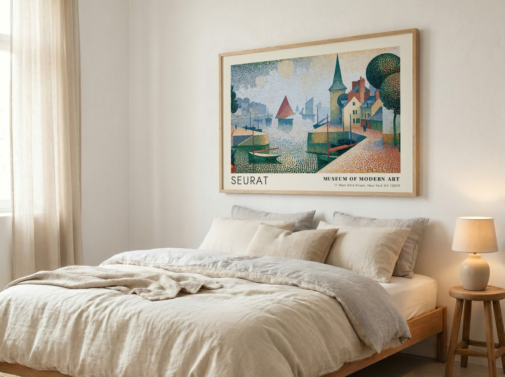 Wall art poster featuring Seurat Honfleur harbor scene with boats in pointillist style.
