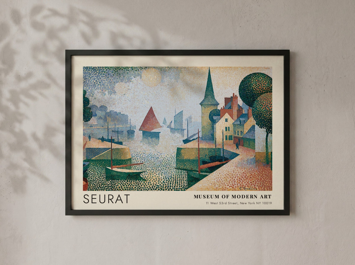 Wall art poster featuring Seurat Honfleur harbor scene with boats in pointillist style.