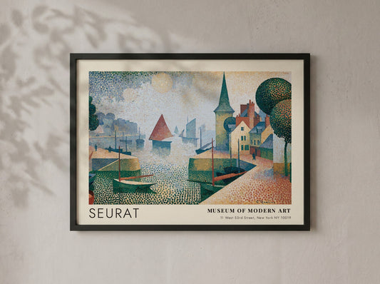 Wall art poster featuring Seurat Honfleur harbor scene with boats in pointillist style.