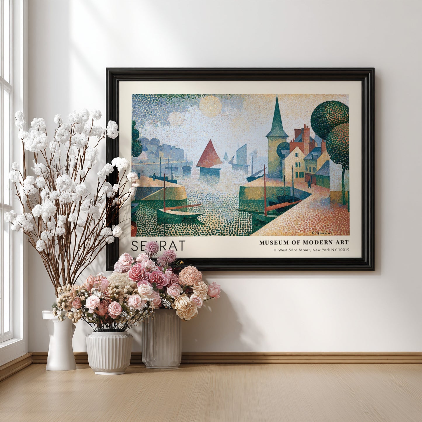 Wall art poster featuring Seurat Honfleur harbor scene with boats in pointillist style.