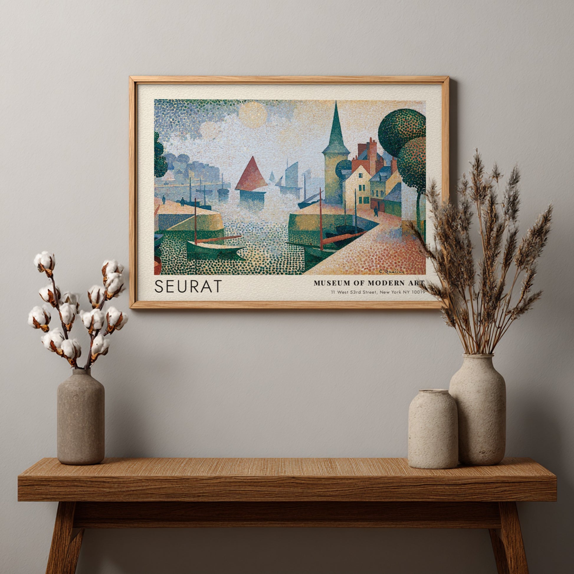 Wall art poster featuring Seurat Honfleur harbor scene with boats in pointillist style.