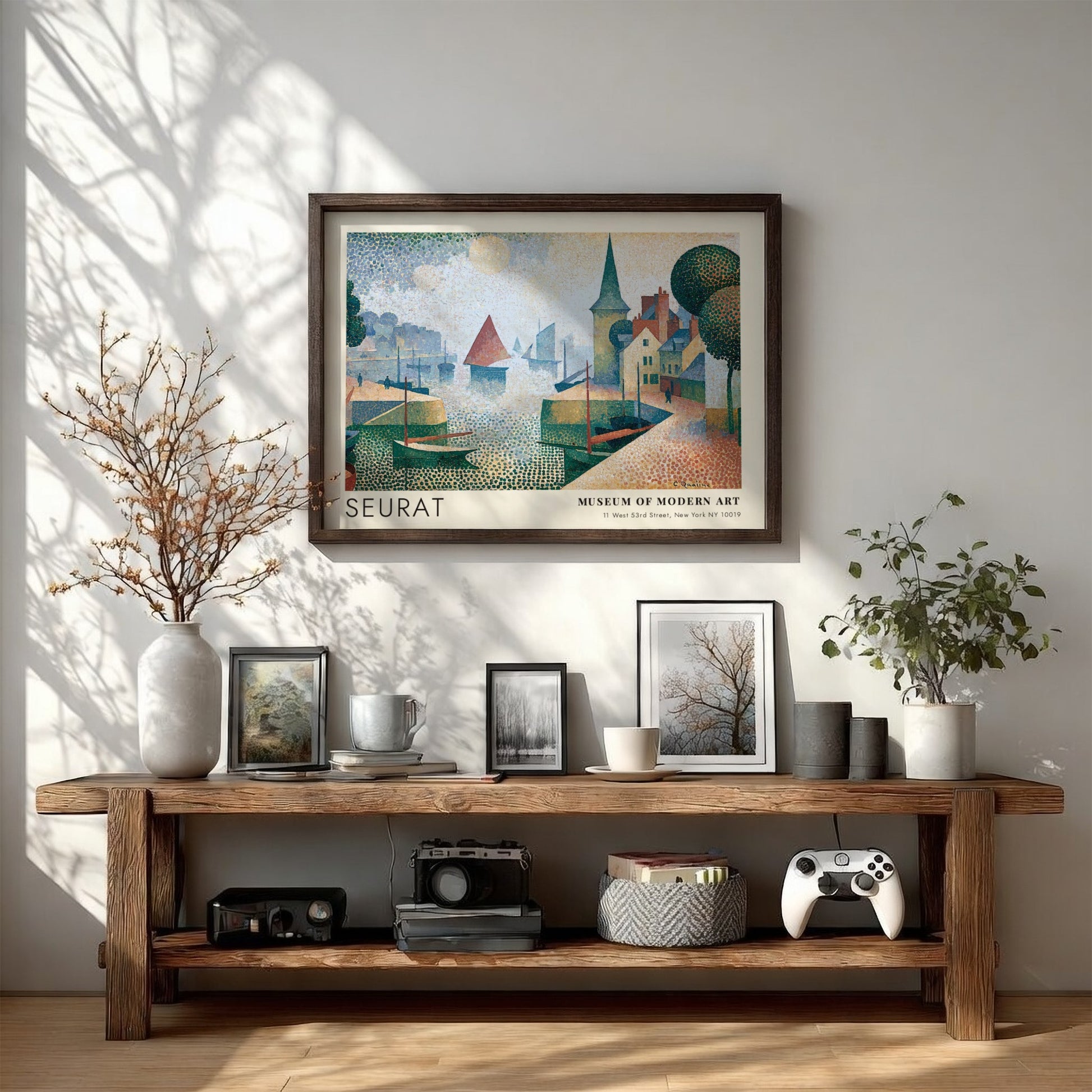 Wall art poster featuring Seurat Honfleur harbor scene with boats in pointillist style.