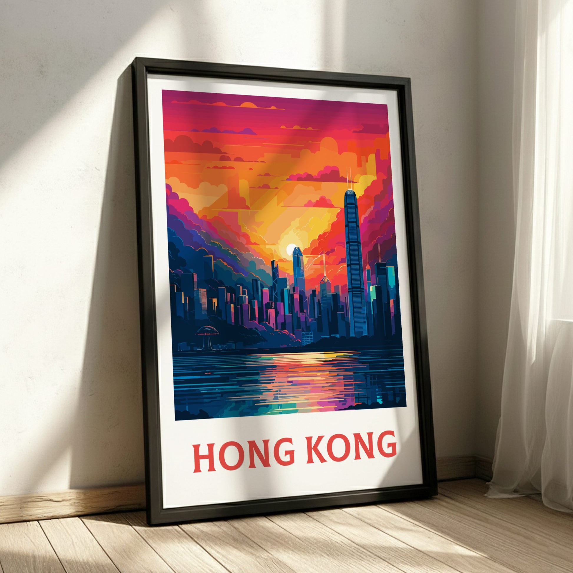 Framed artwork of Hong Kong with a colorful cityscape on a white wall.