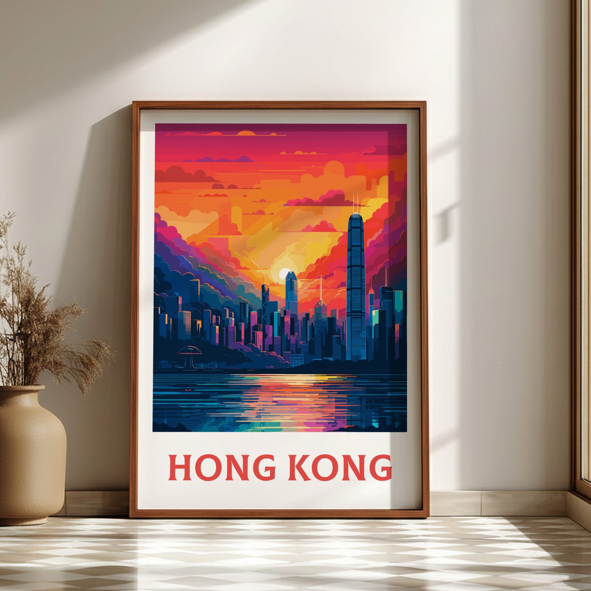 Framed artwork of a city skyline with 'Hong Kong' text on a wall.