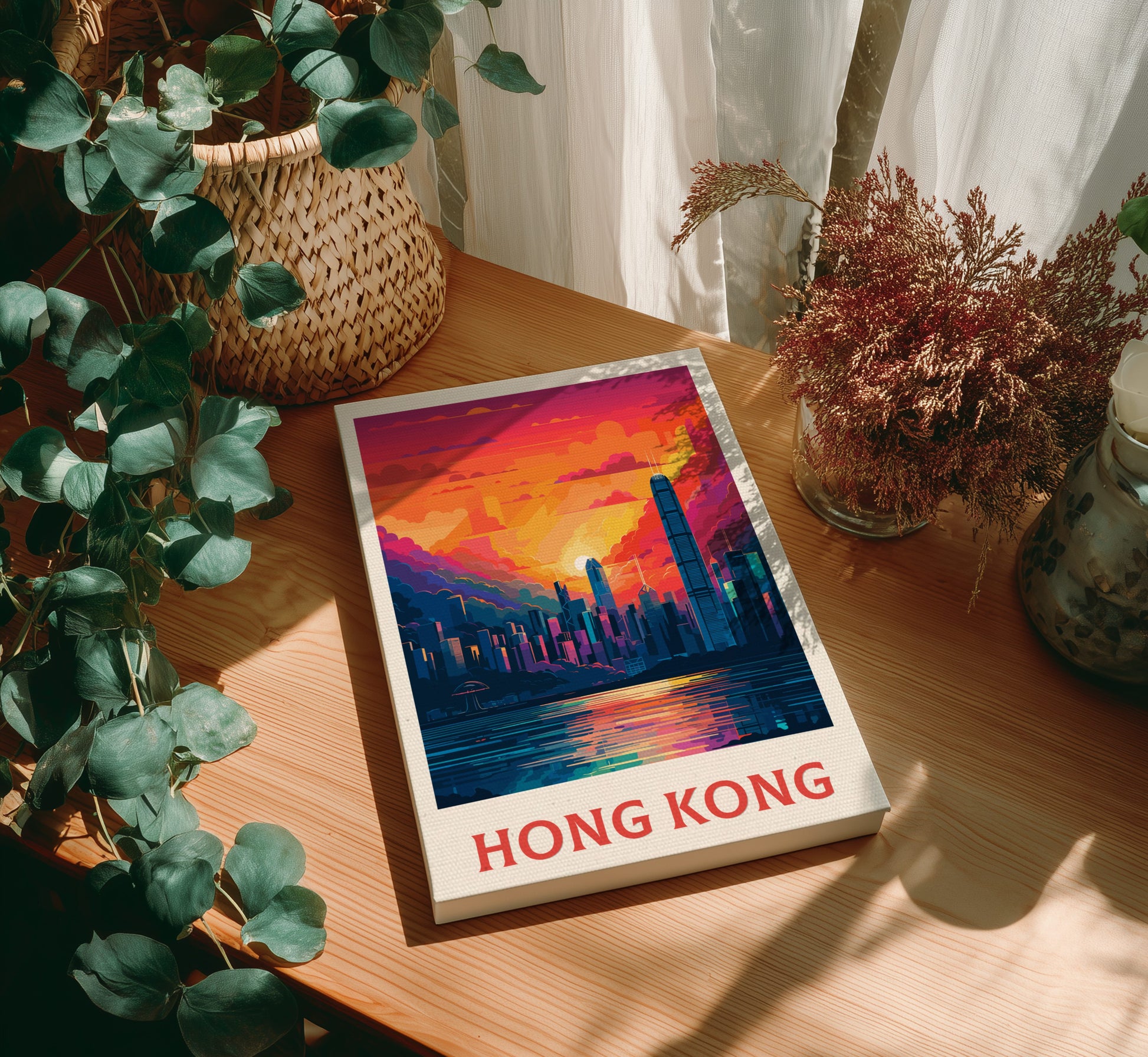 Canvas 'Hong Kong' with a cityscape illustration on a wooden table with plants.