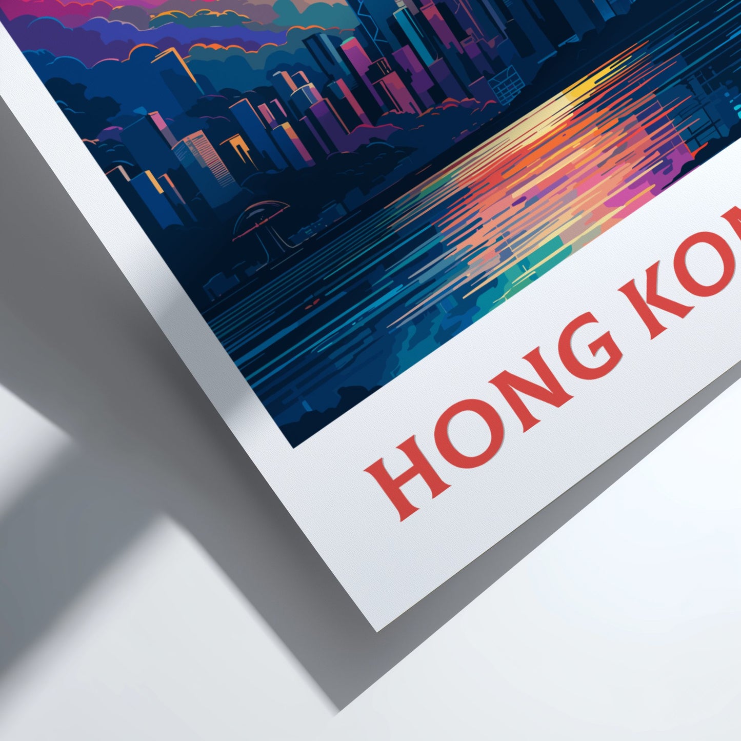 Poster of Hong Kong with colorful cityscape design on a white background