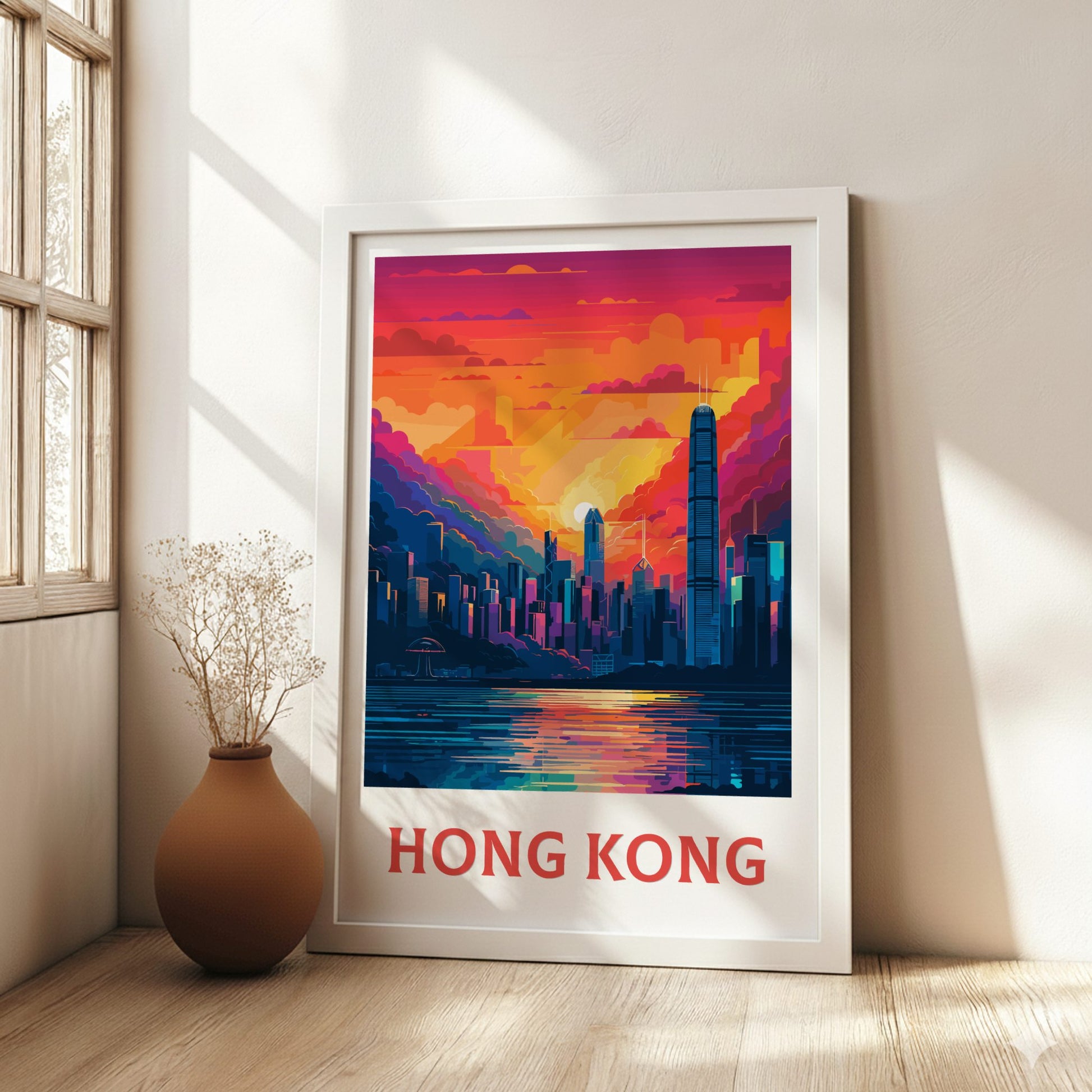 Framed artwork of Hong Kong with a colorful cityscape on a wall in a bright room.