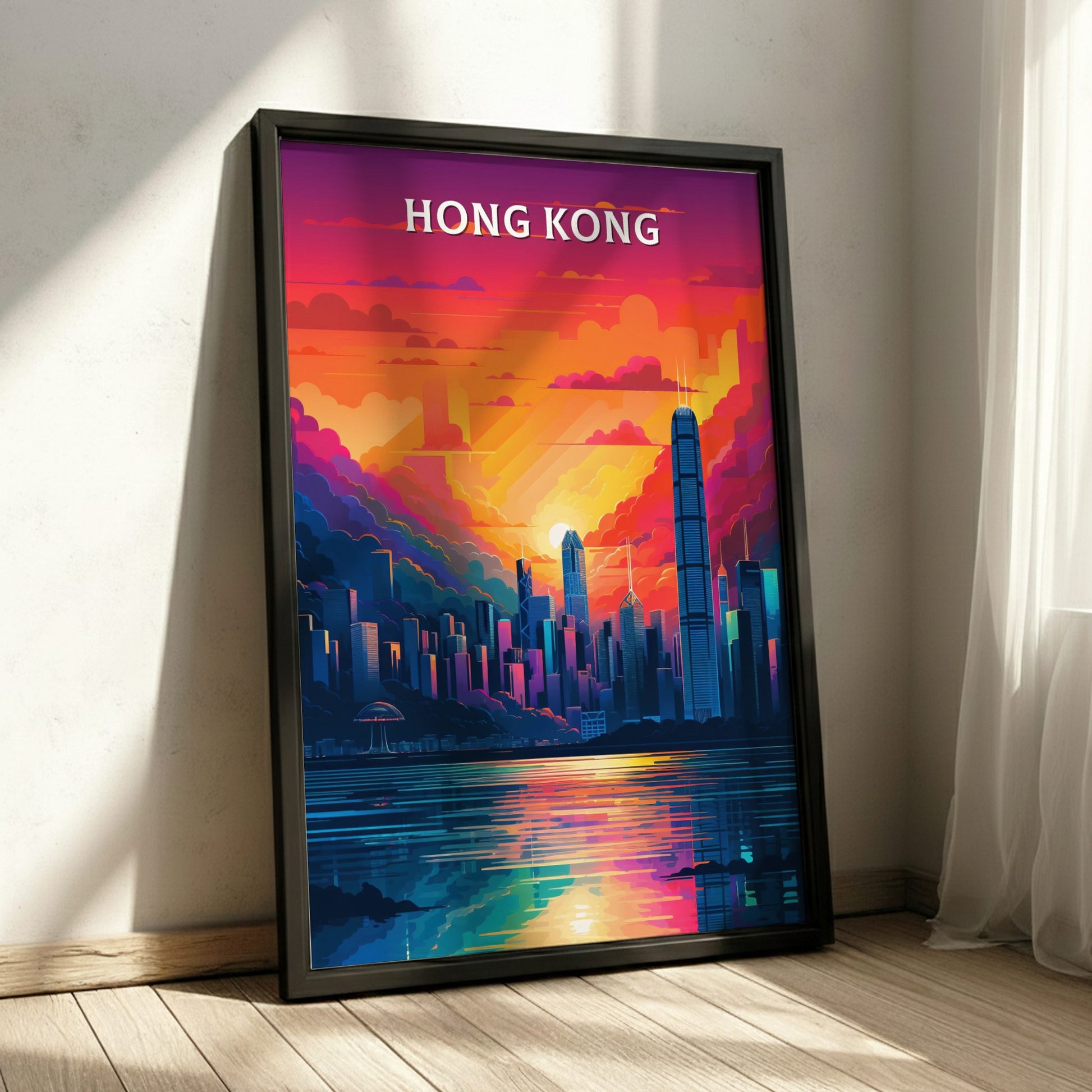 Framed poster of Hong Kong with a colorful cityscape design on a wall.