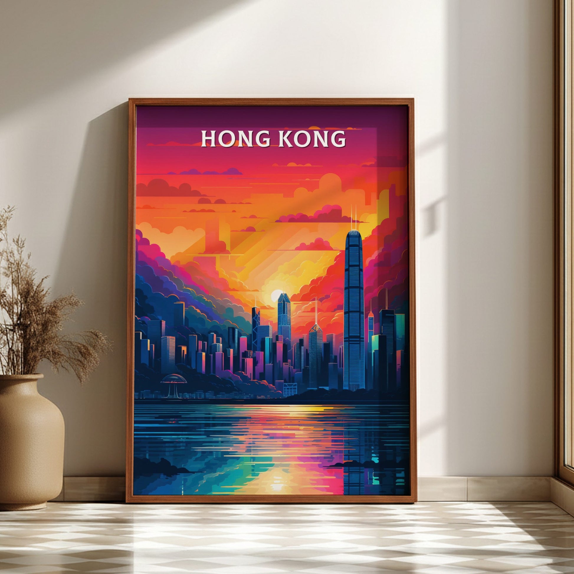 Framed artwork of Hong Kong skyline with vibrant colors on a wall.