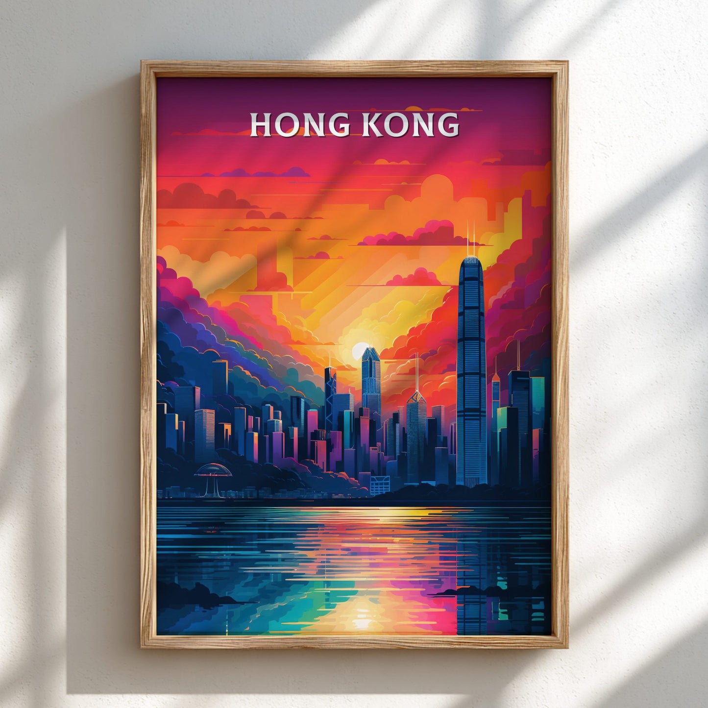 Framed artwork of Hong Kong with a colorful cityscape and sunset.