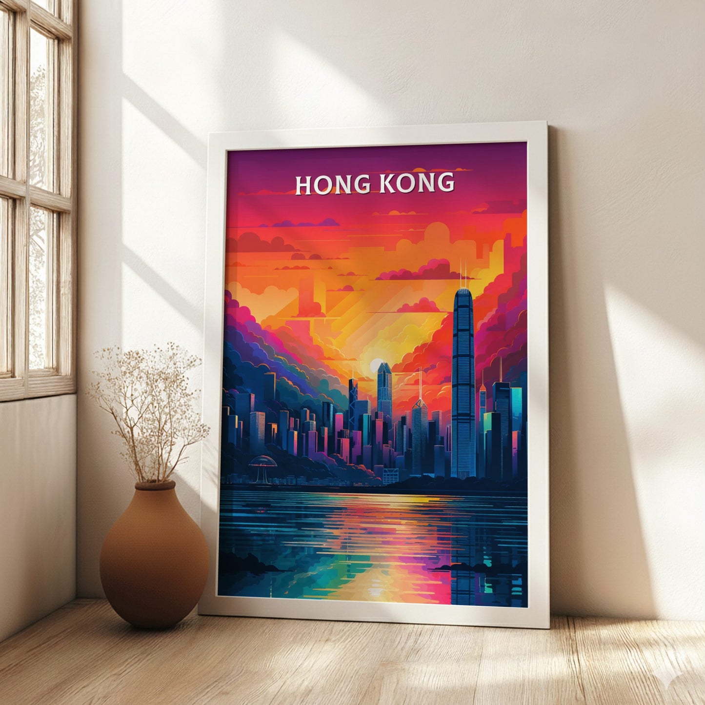 Framed poster of Hong Kong with vibrant cityscape design in a room with a vase and window.