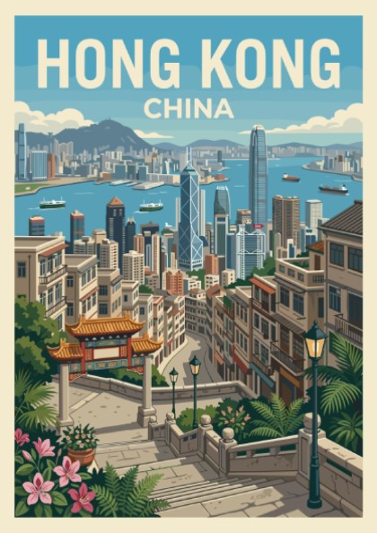Hong Kong travel poster with a vintage cityscape illustration and the text 'Hong Kong China'.