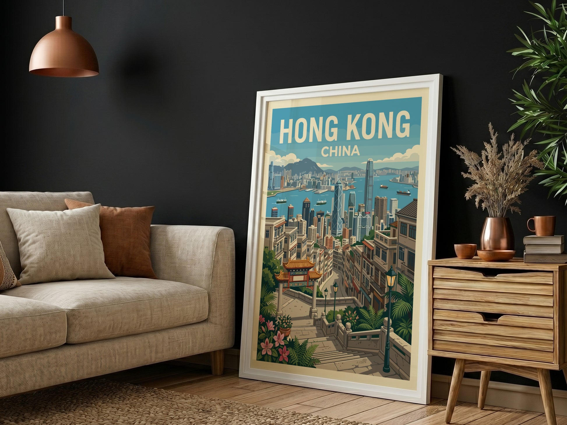 Hong Kong travel poster with a vintage cityscape illustration and the text 'Hong Kong China'.
