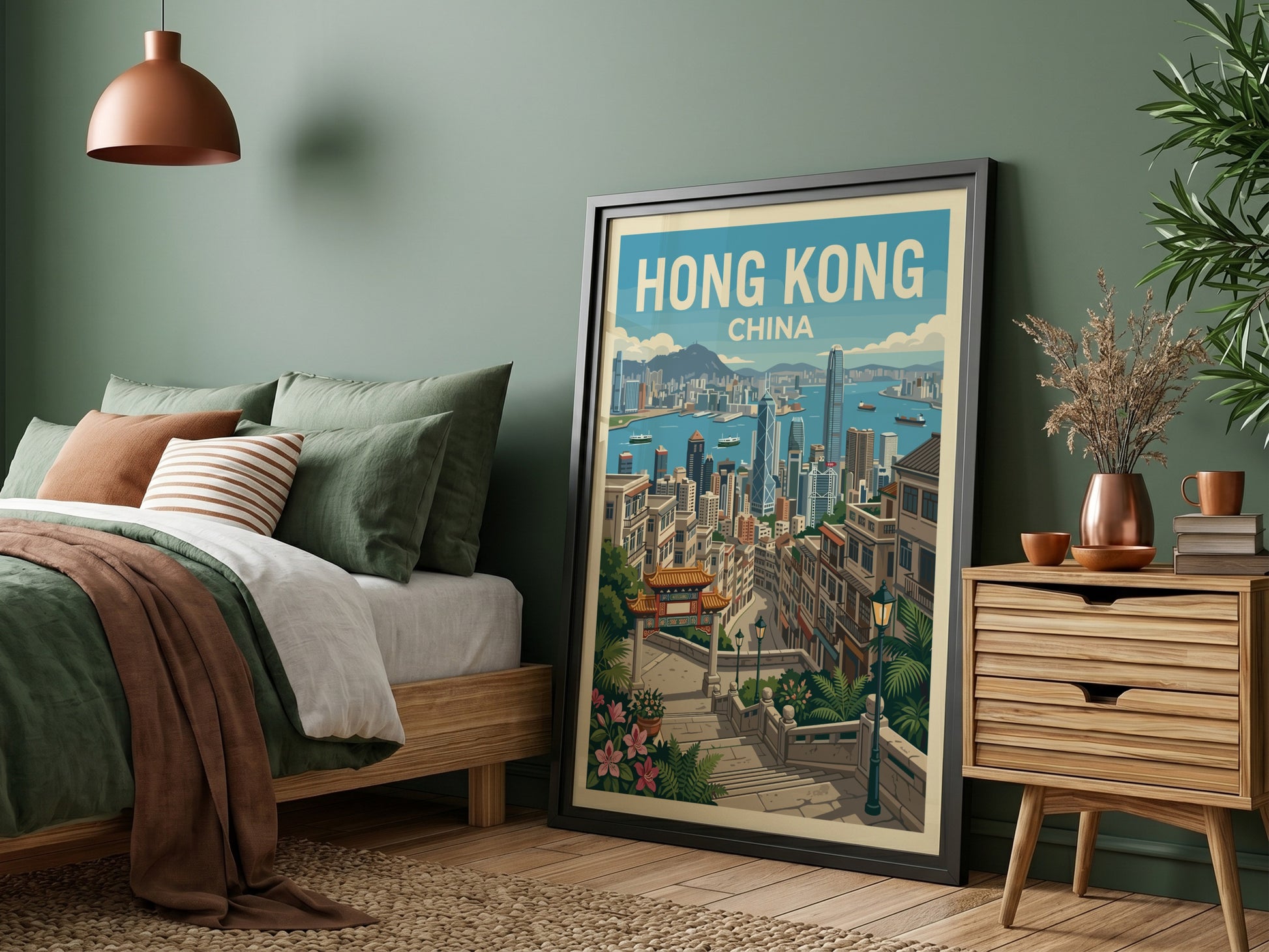 Hong Kong travel poster with a vintage cityscape illustration and the text 'Hong Kong China'.