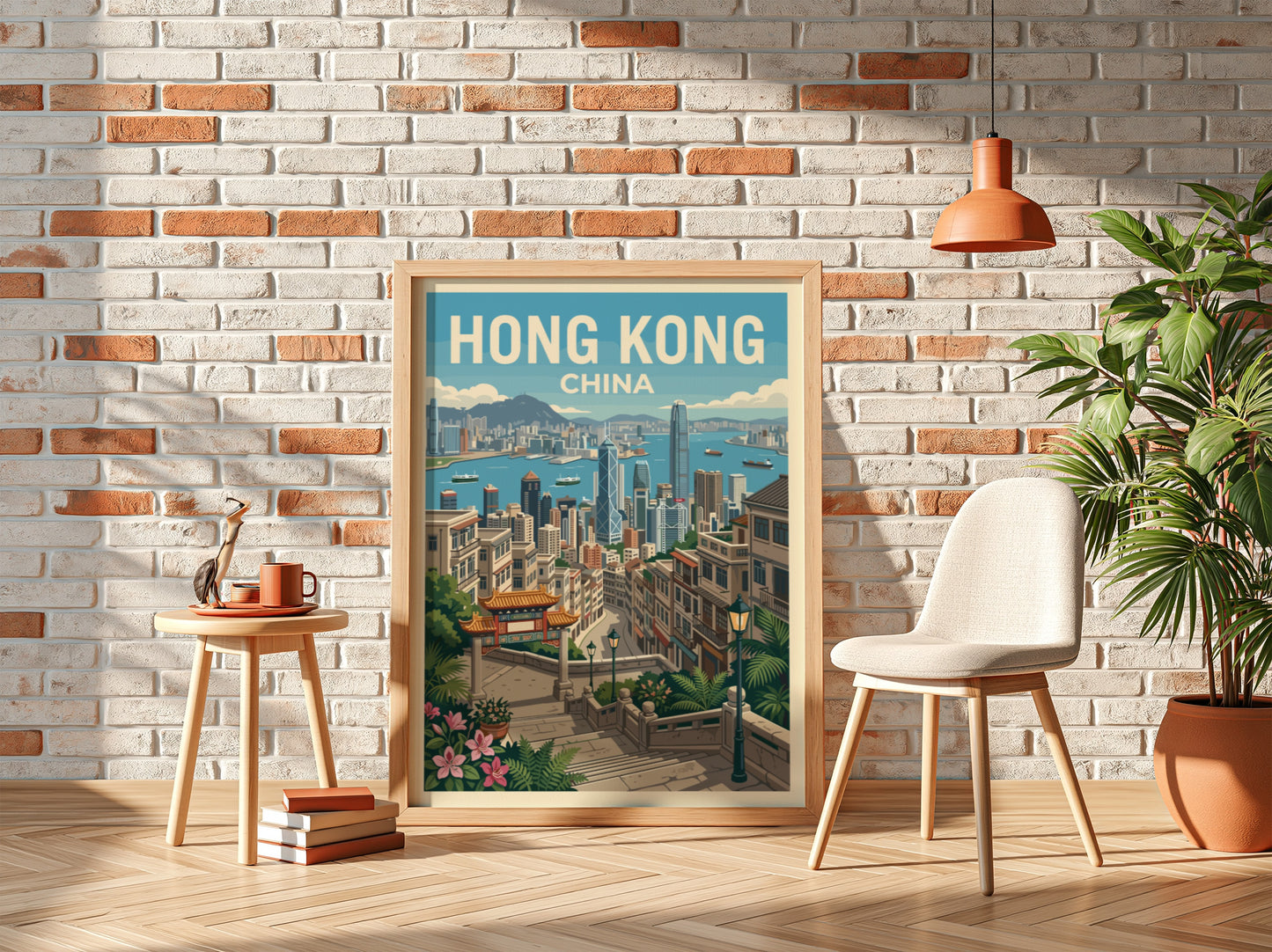 Hong Kong travel poster with a vintage cityscape illustration and the text 'Hong Kong China'.