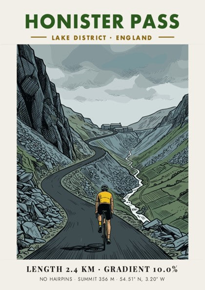 Cycling poster of Honister Pass in the Lake District featuring a determined rider.
