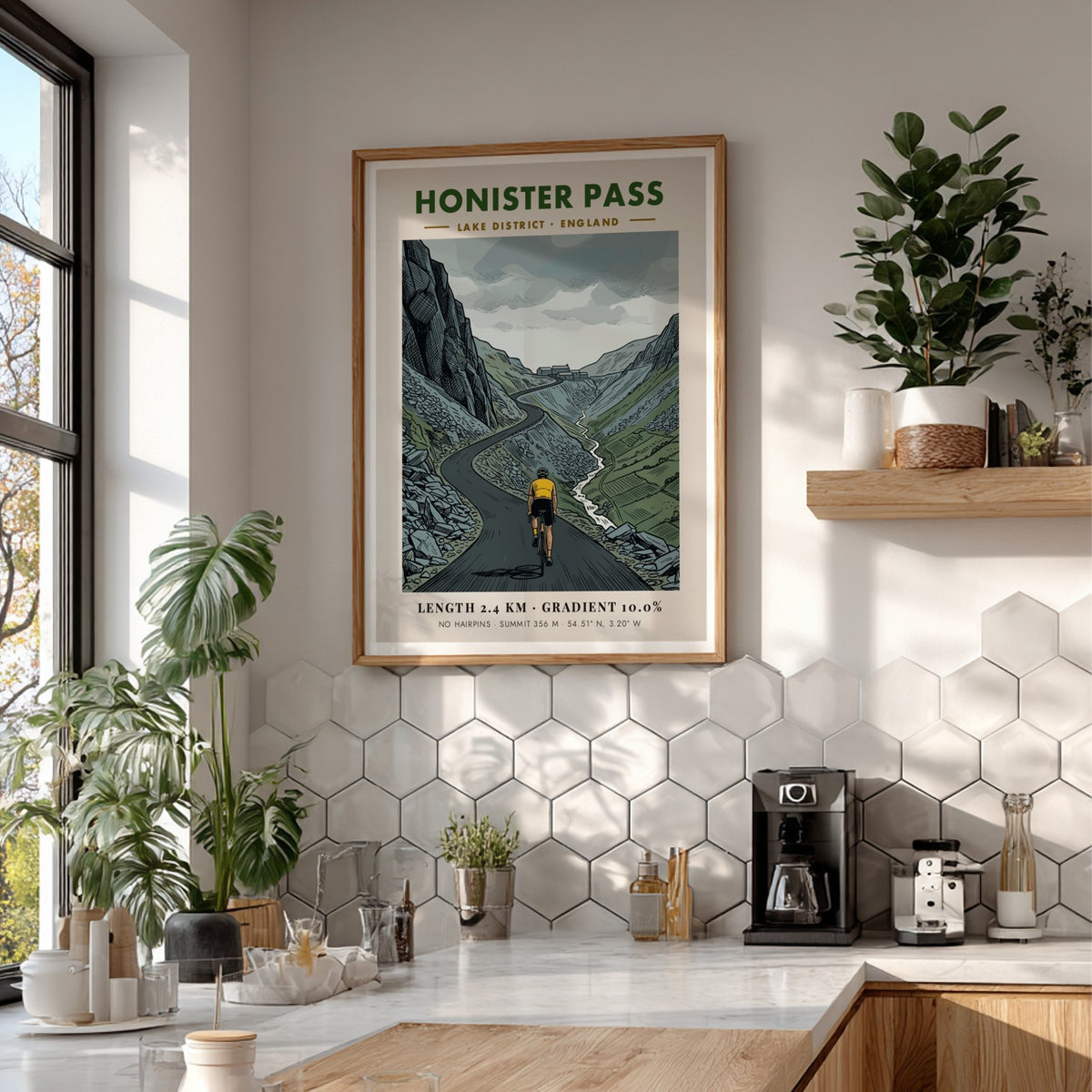 Cycling poster of Honister Pass in the Lake District featuring a determined rider.