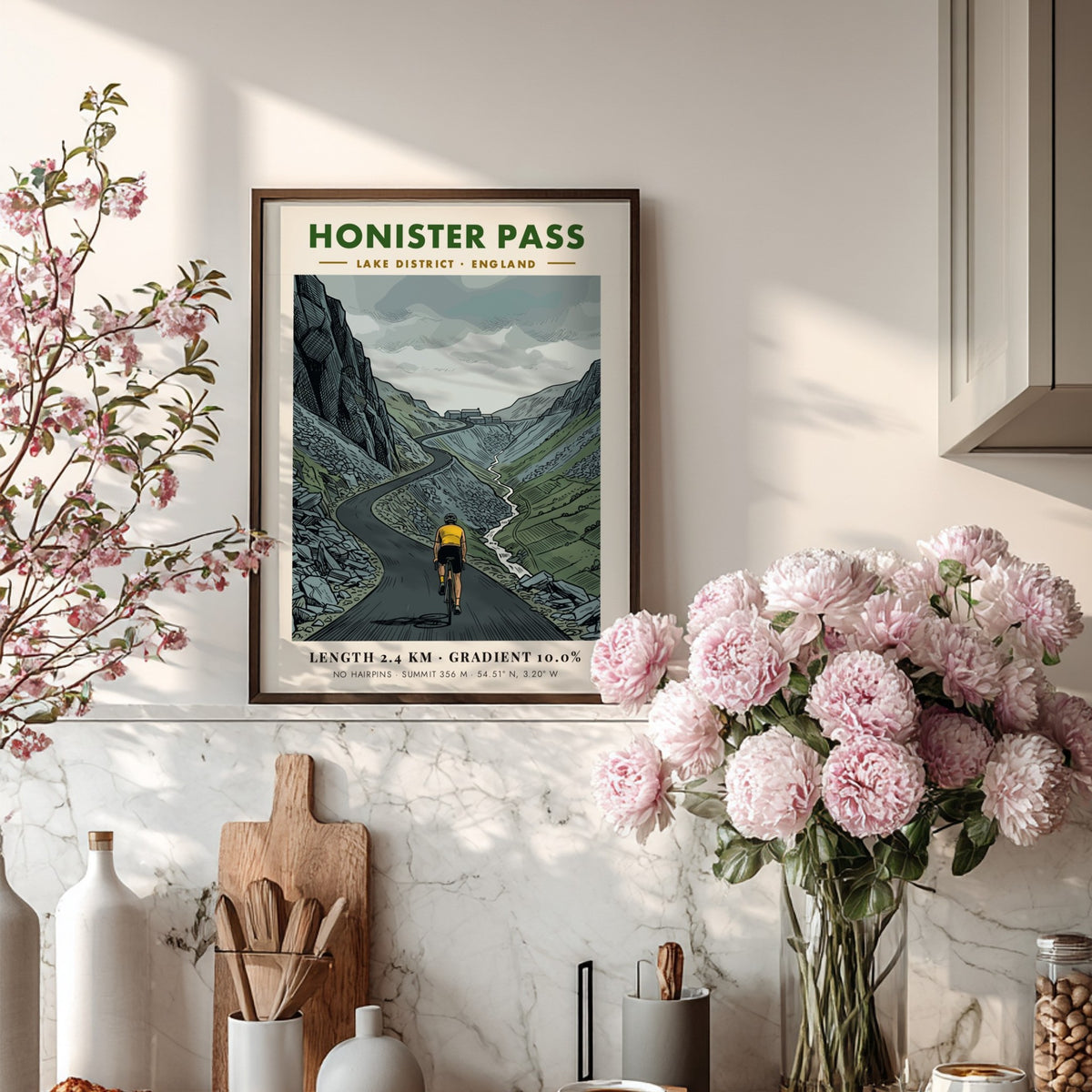 Cycling poster of Honister Pass in the Lake District featuring a determined rider.