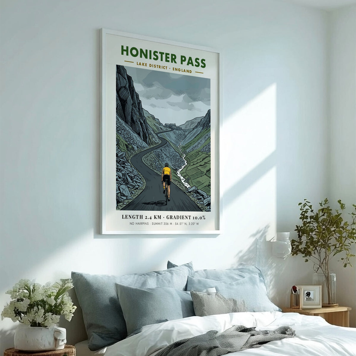 Cycling poster of Honister Pass in the Lake District featuring a determined rider.