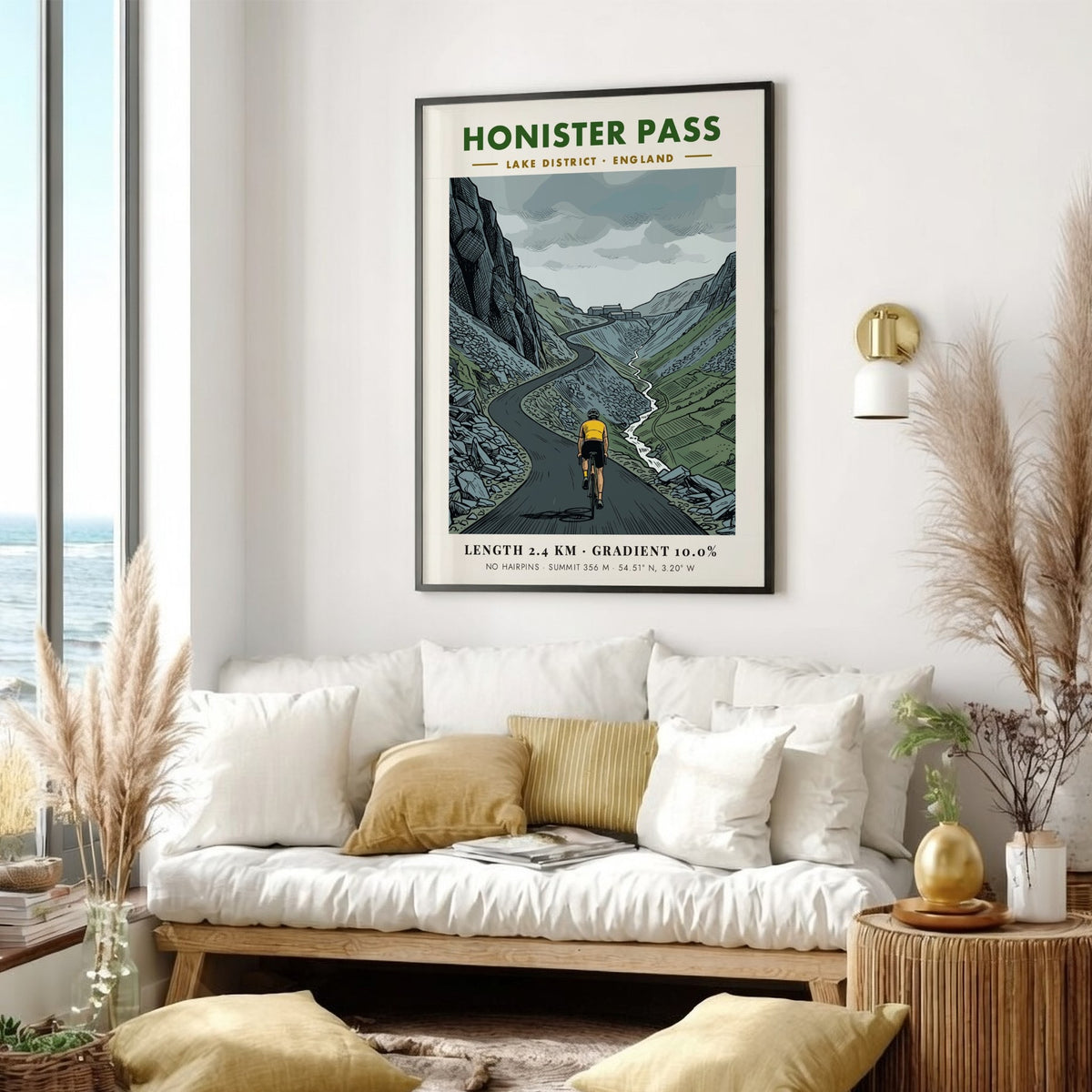 Cycling poster of Honister Pass in the Lake District featuring a determined rider.