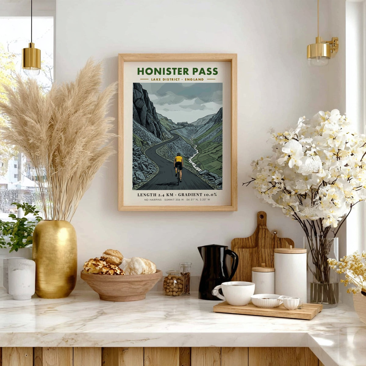 Cycling poster of Honister Pass in the Lake District featuring a determined rider.