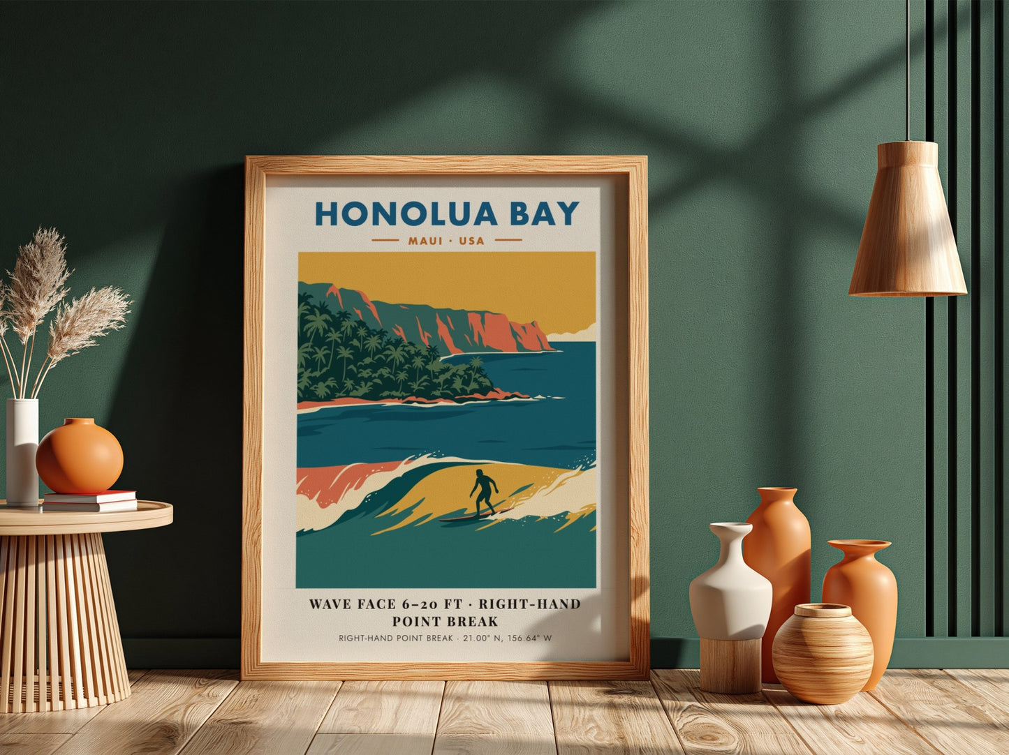 Honolua Bay Maui surf poster featuring a right-hand point break and orange cliffs.