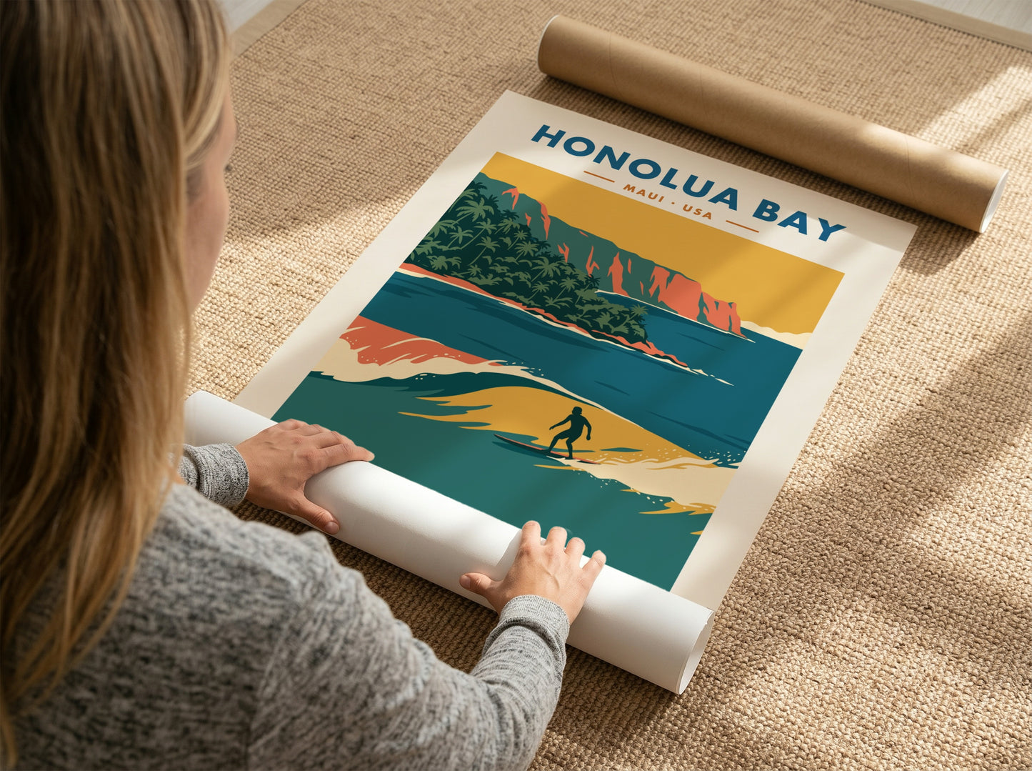 Honolua Bay Maui surf poster featuring a right-hand point break and orange cliffs.