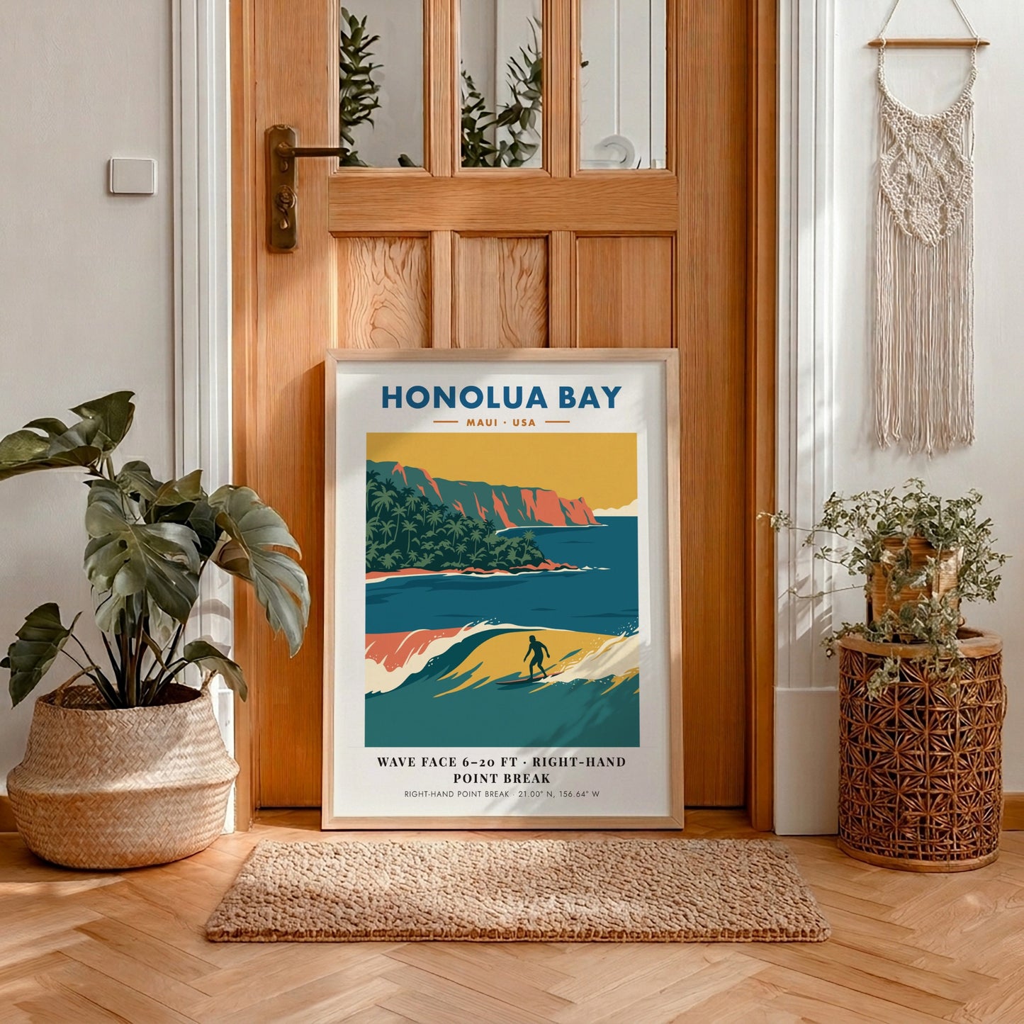 Honolua Bay Maui surf poster featuring a right-hand point break and orange cliffs.