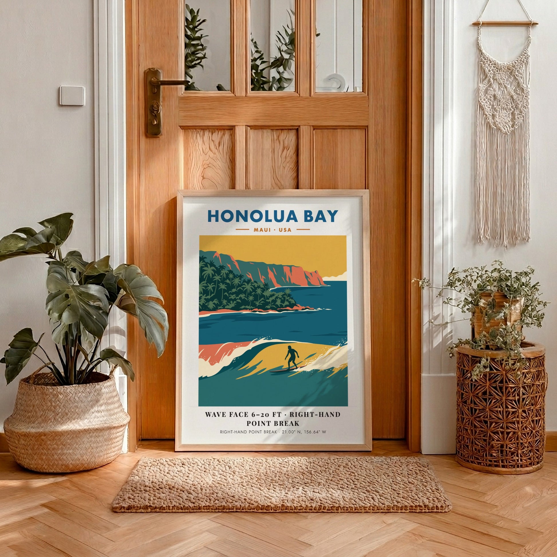Honolua Bay Maui surf poster featuring a right-hand point break and orange cliffs.