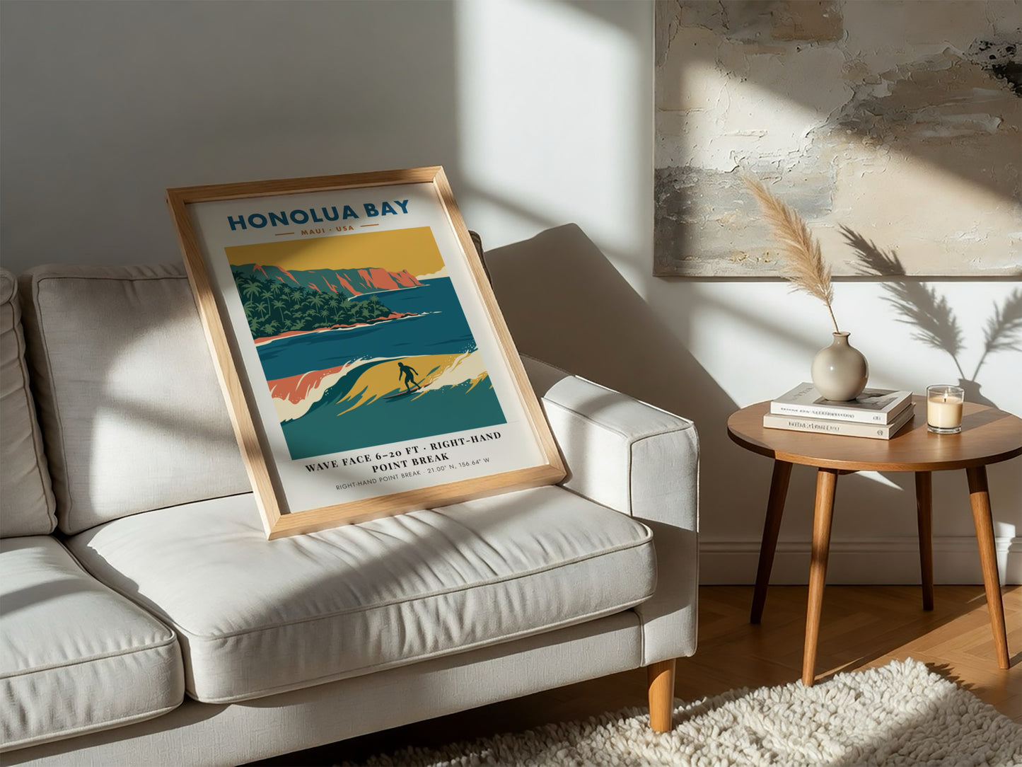 Honolua Bay Maui surf poster featuring a right-hand point break and orange cliffs.