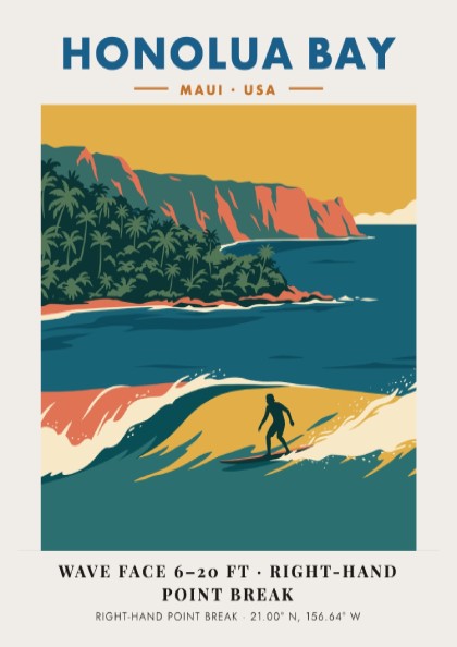 Honolua Bay Maui surf poster featuring a right-hand point break and orange cliffs.