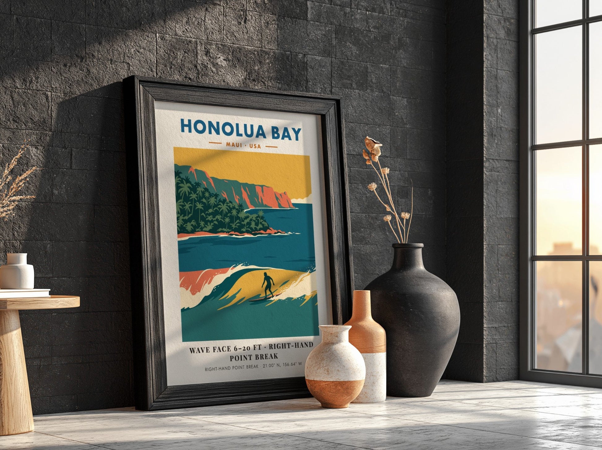 Honolua Bay Maui surf poster featuring a right-hand point break and orange cliffs.