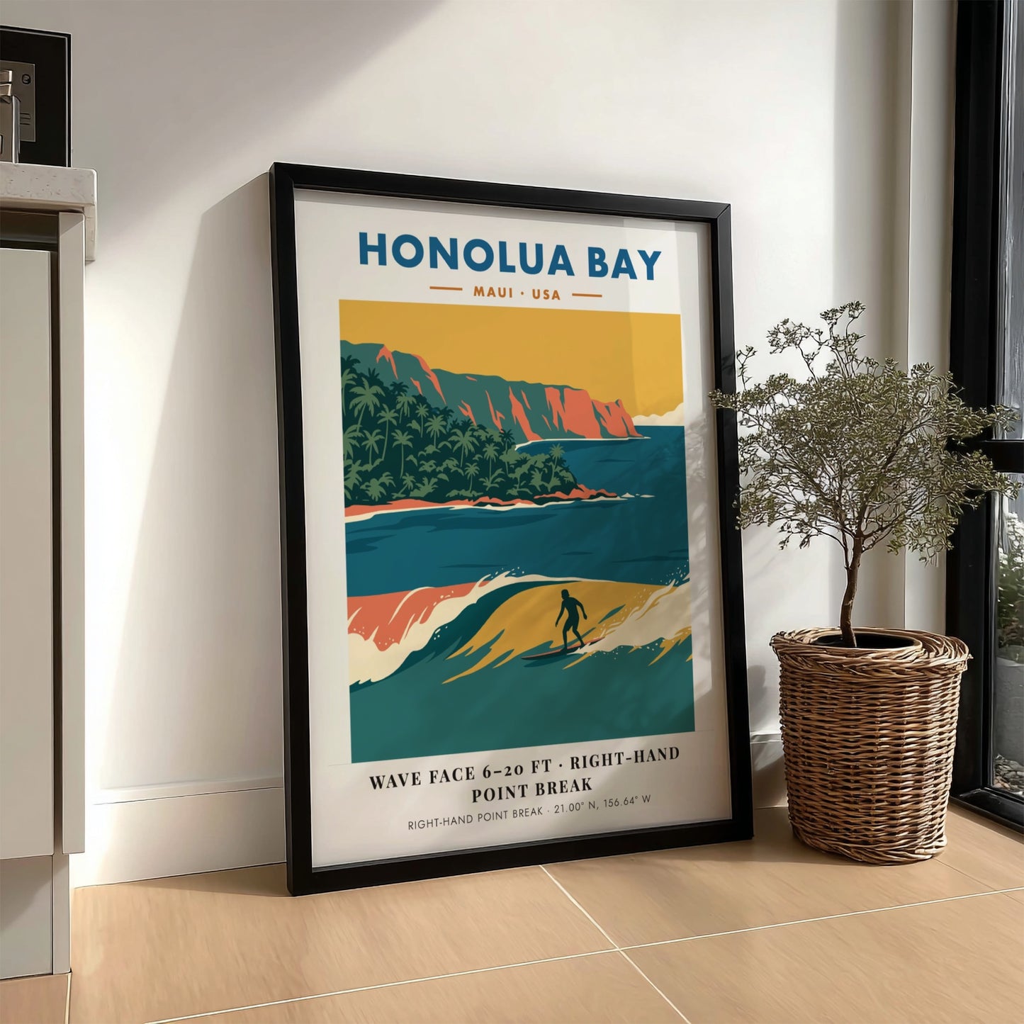 Honolua Bay Maui surf poster featuring a right-hand point break and orange cliffs.