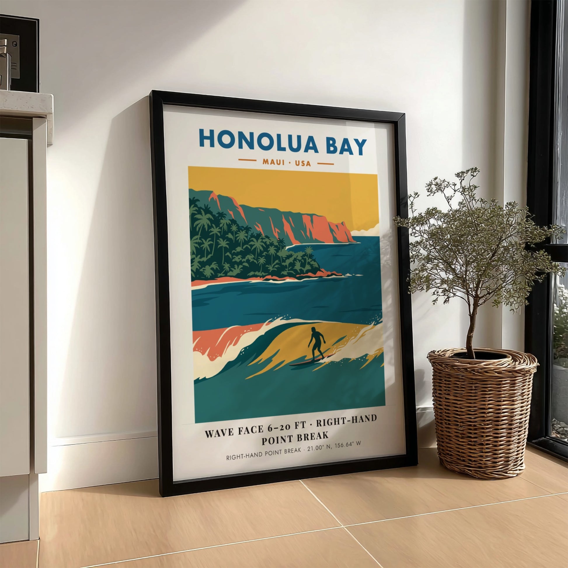 Honolua Bay Maui surf poster featuring a right-hand point break and orange cliffs.