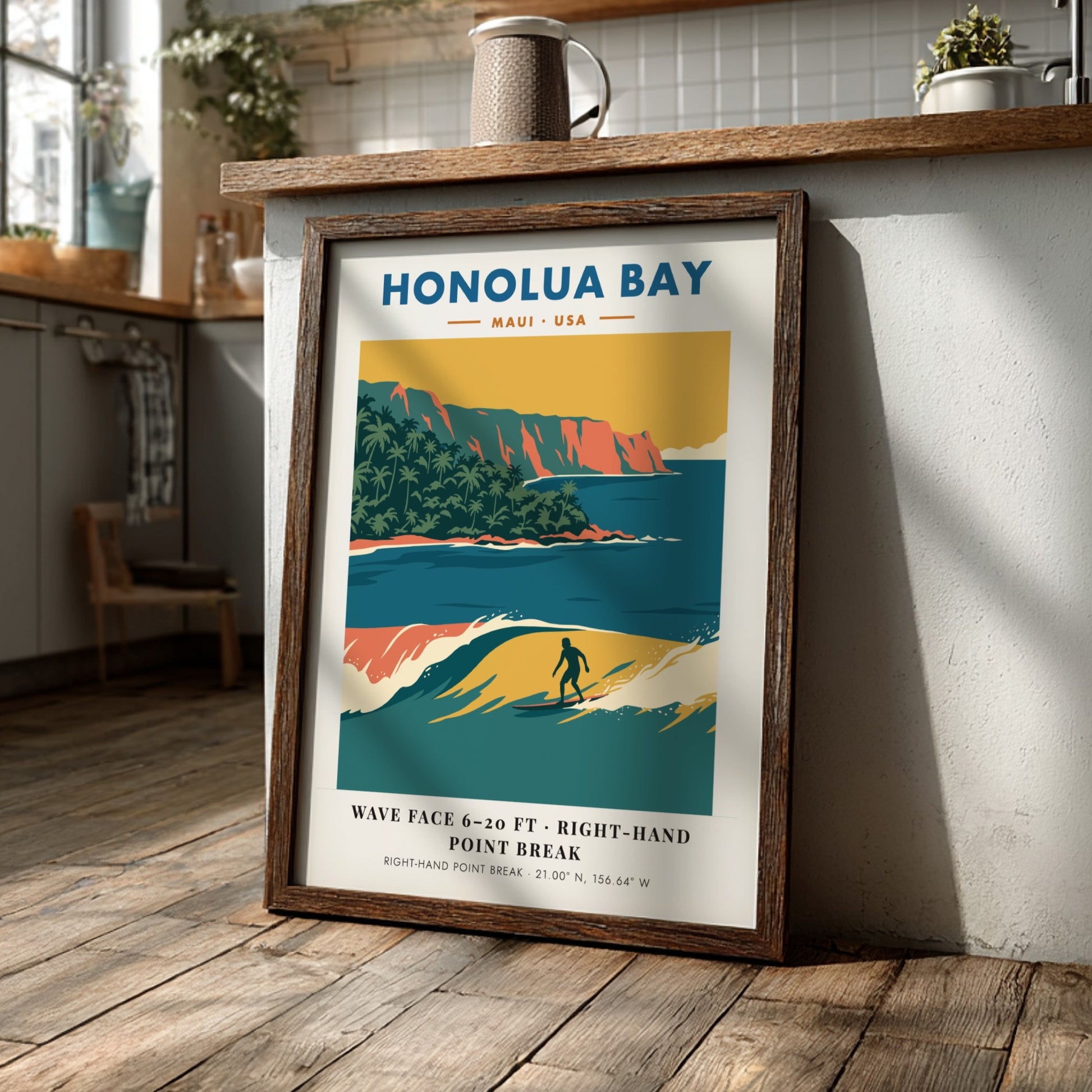 Honolua Bay Maui surf poster featuring a right-hand point break and orange cliffs.